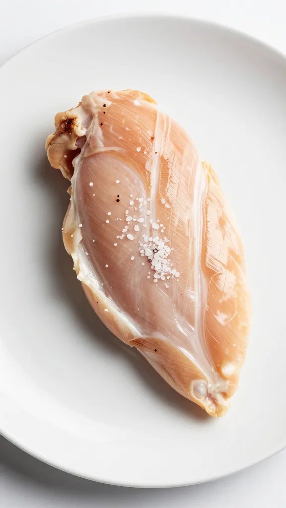 white plate with one keto chicken breast, coarse sea salt