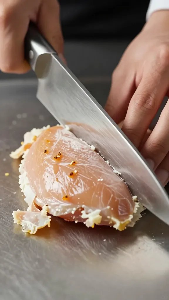 chef’s knife cutting through crusted chicken breast, closeup