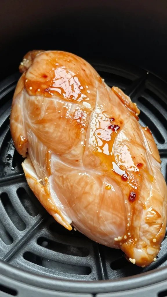 glossy brushed oil on chicken breast pre-air fryer, closeup