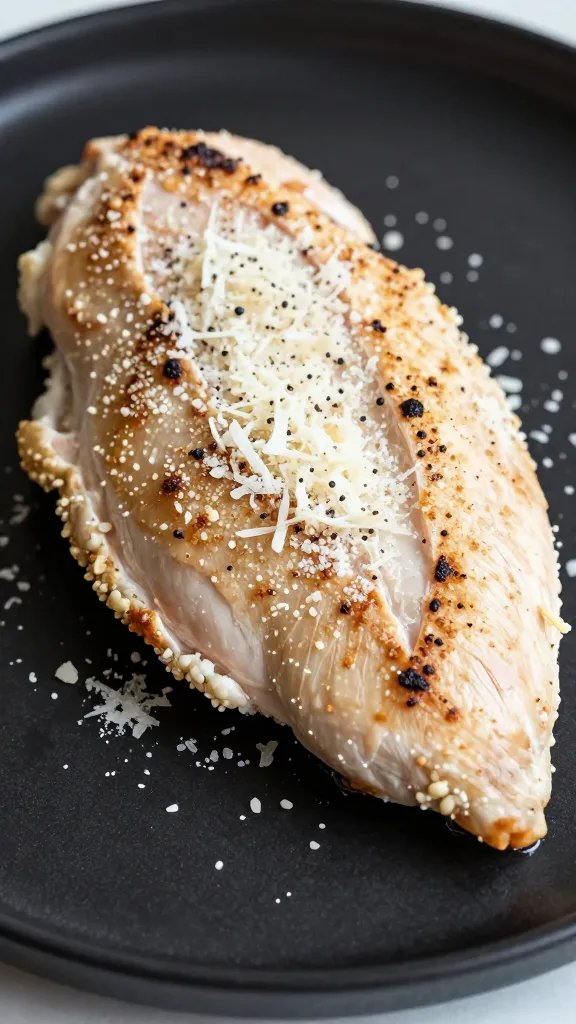 closeup parmesan-crusted keto chicken breast on black plate
