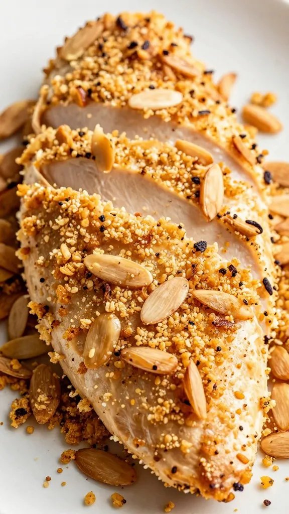 golden almond-parmesan crust texture on sliced chicken breast