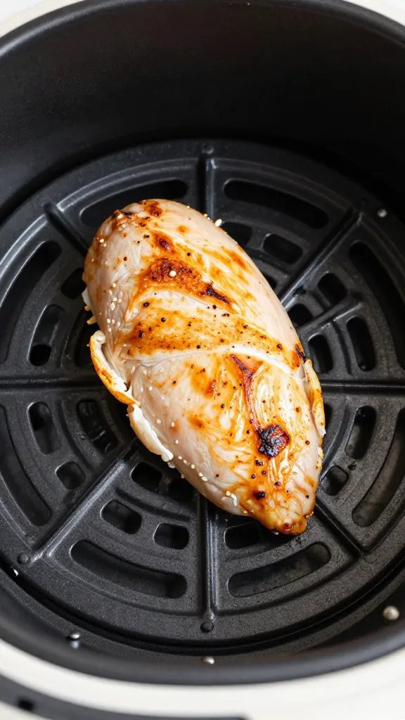 air fryer basket holding single cooked chicken breast