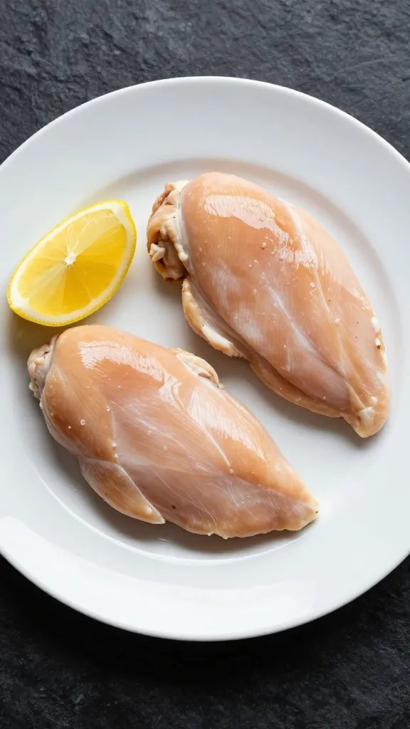 keto chicken breast on white plate with lemon wedge