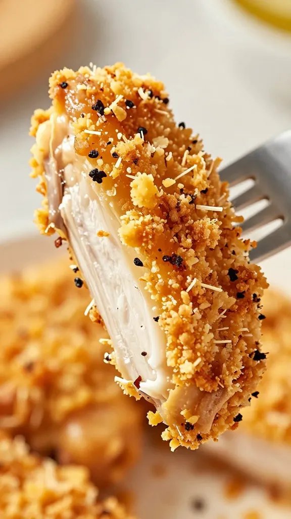 crispy parmesan crust detail on forked chicken slice