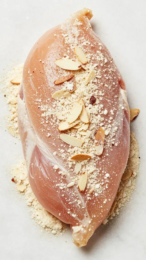 seasoned raw chicken breast coated in almond flour mixture