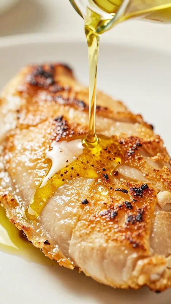 closeup drizzle of olive oil over crispy chicken breast