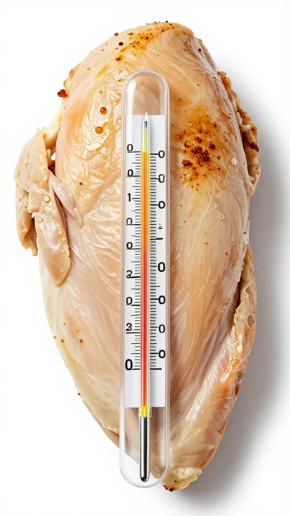 thermometer reading in center of cooked chicken breast