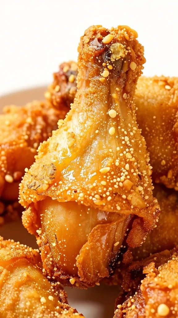 closeup air-fried chicken drumstick with crispy blistered skin