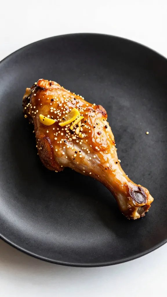 lemon garlic butter glazed drumstick on matte black plate