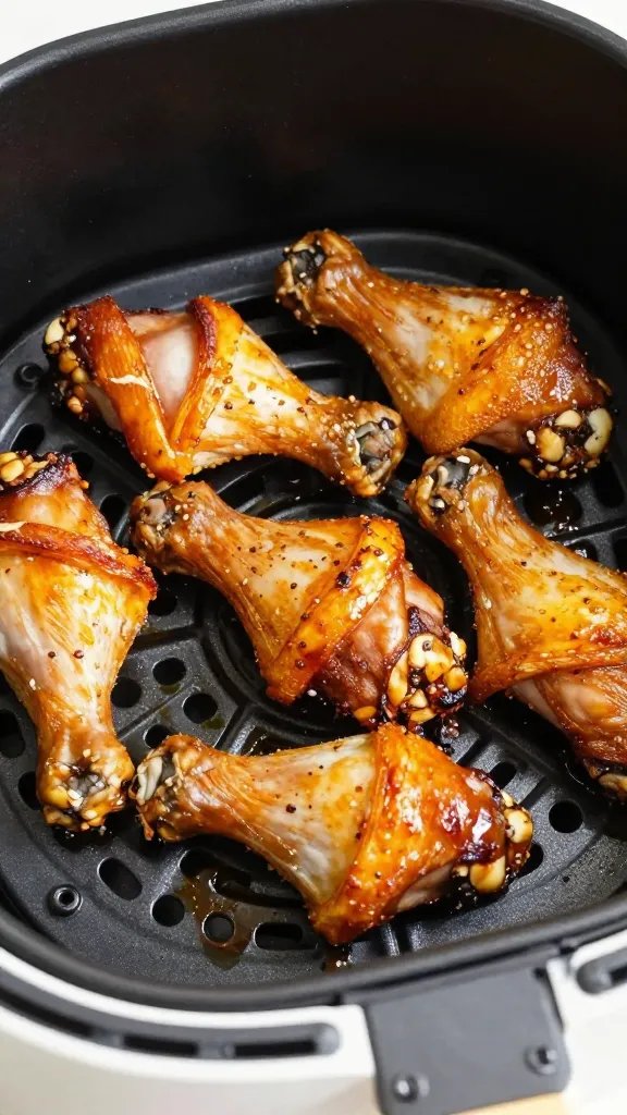 sizzling drumstick in air fryer basket, golden skin