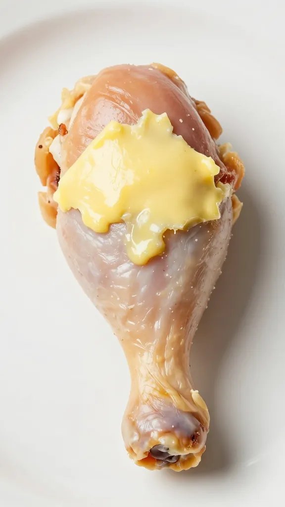 brushed lemon butter on single chicken drumstick, macro shot