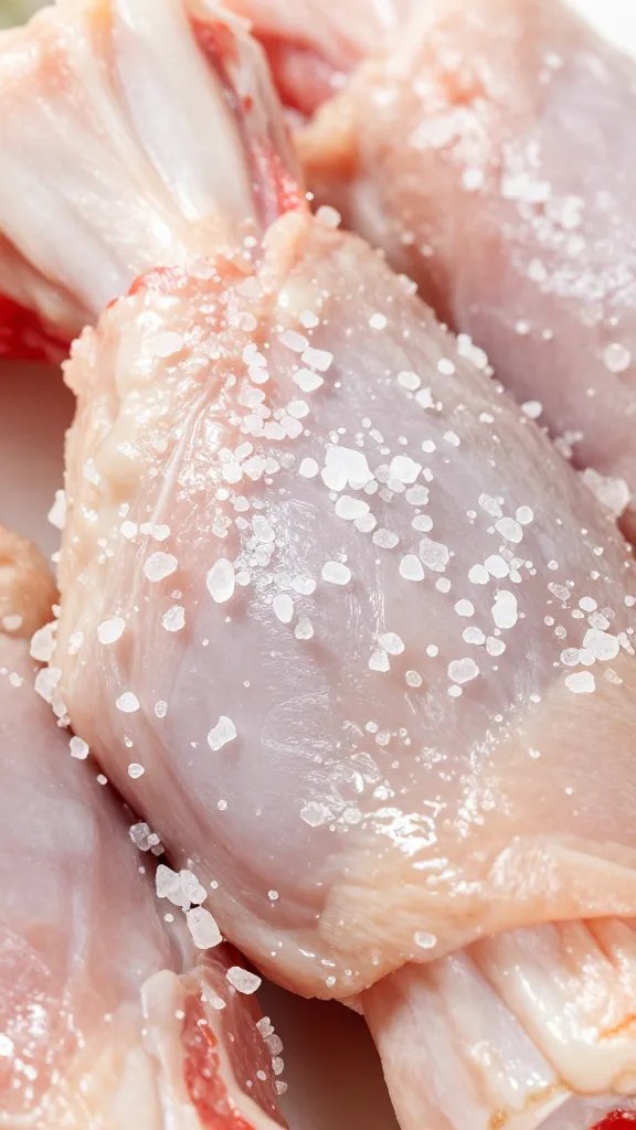 coarse kosher salt crystals on raw drumstick skin, closeup