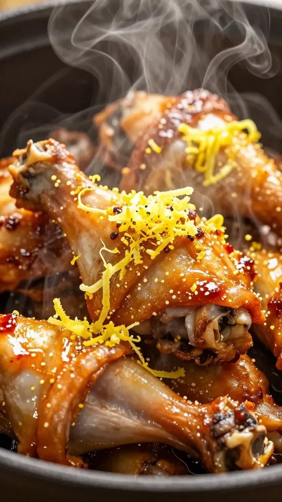 lemon zest sprinkled over hot drumstick, steam visible