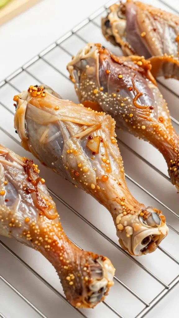 browned drumstick resting on wire rack, tight focus