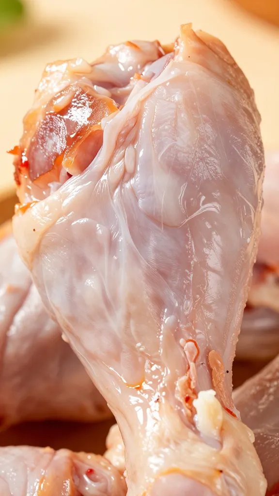 cross-section of juicy drumstick, glistening fibers, closeup