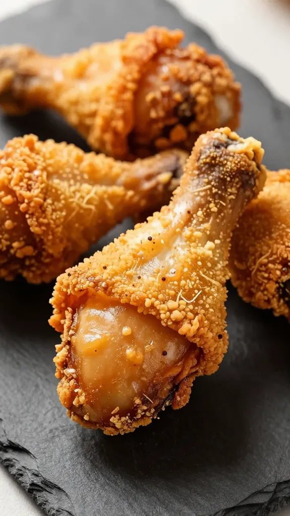 closeup of crispy air-fried chicken drumstick on slate plate