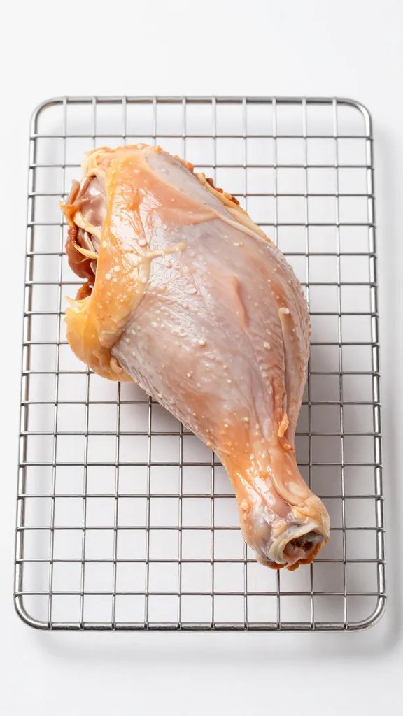 single keto chicken leg on wire rack, studio lighting