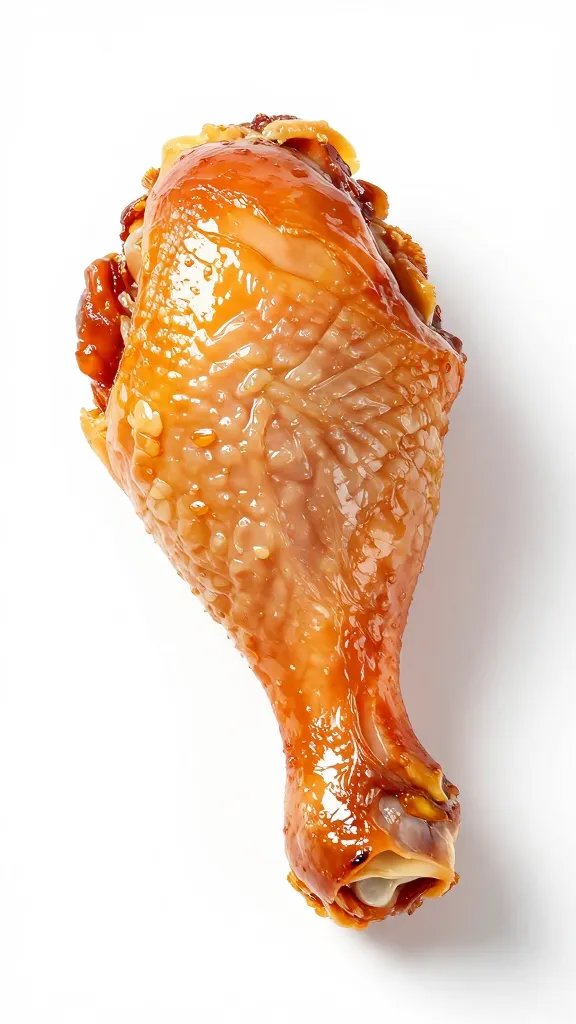 glossy chicken drumstick with rendered skin, white backdrop
