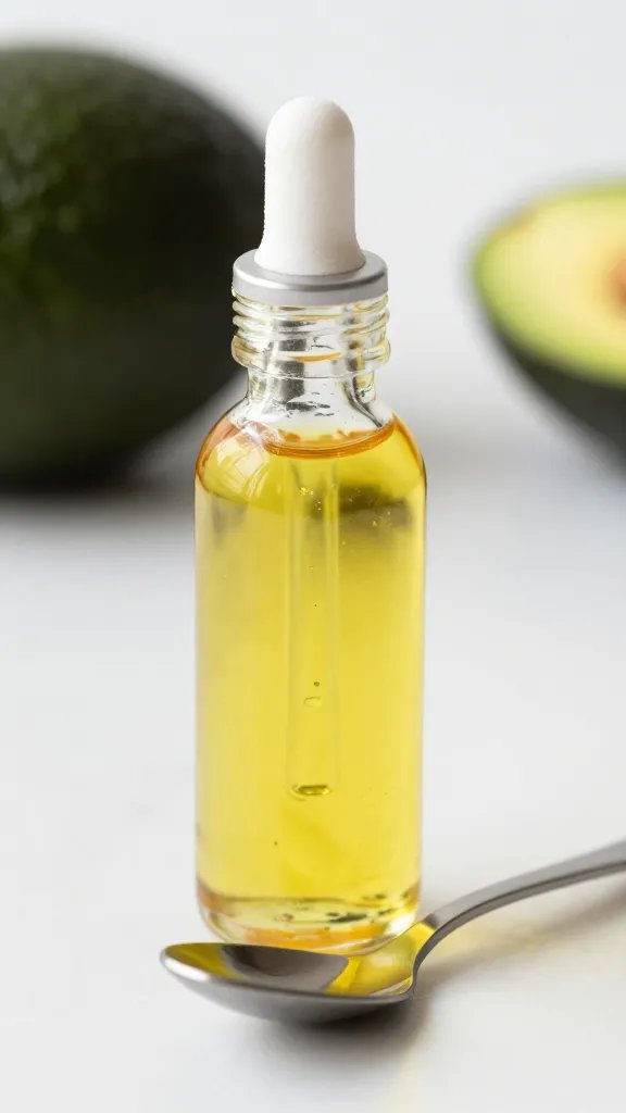 avocado oil drizzle bottle, macro on metal spoon