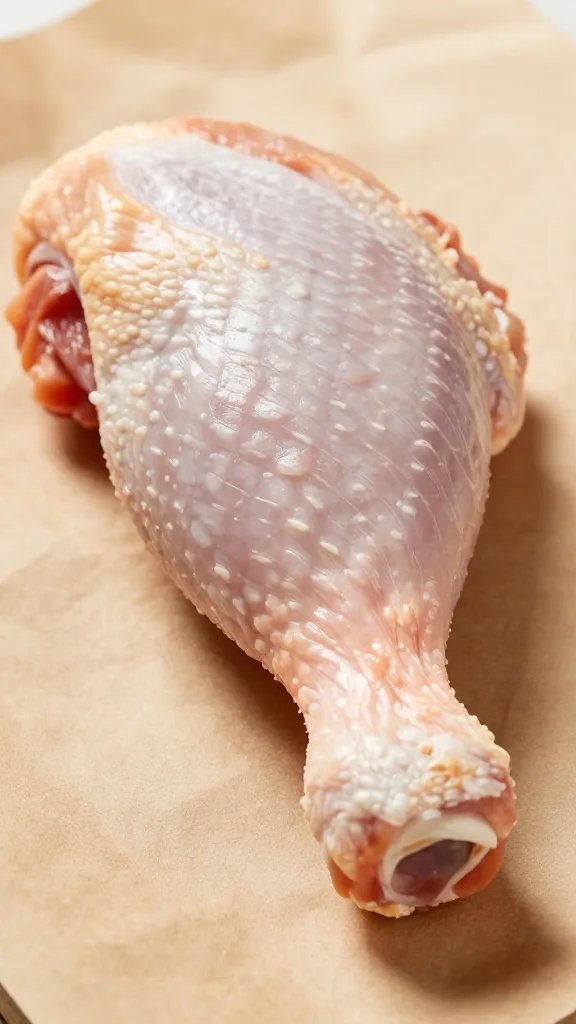 raw bone-in chicken leg with skin, butcher paper closeup
