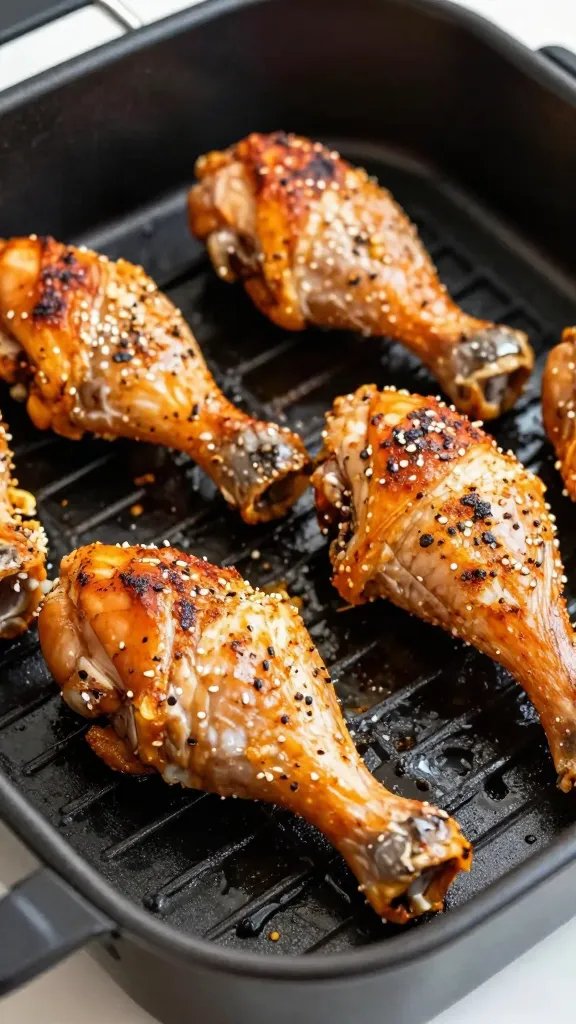 seasoned chicken drumstick pre-air-fry, black sheet pan