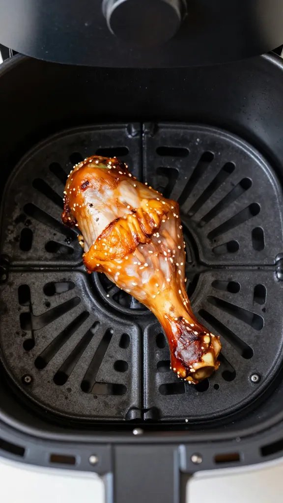 air fryer basket with one cooked drumstick, tight crop