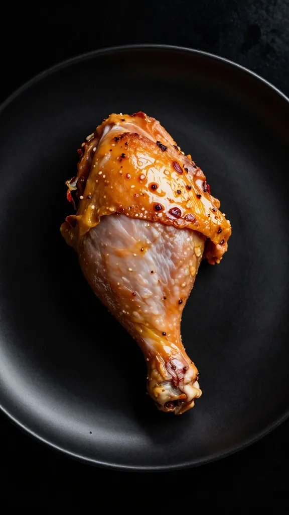 single keto chicken leg on matte black plate, rim light