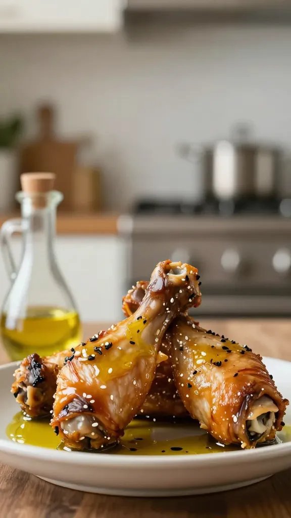 olive oil brushed drumstick, bokeh kitchen background