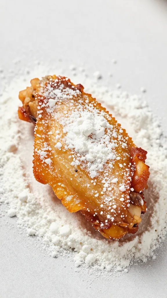 single crispy chicken wing dusted with baking powder