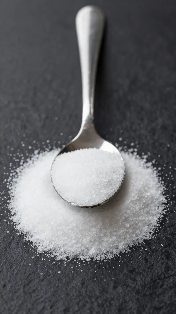 spoonful of granular keto sweetener on dark surface