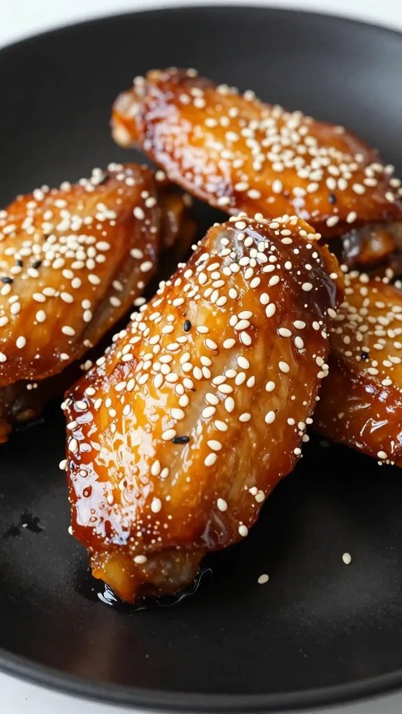 closeup of sesame-seeded glazed wing on black plate