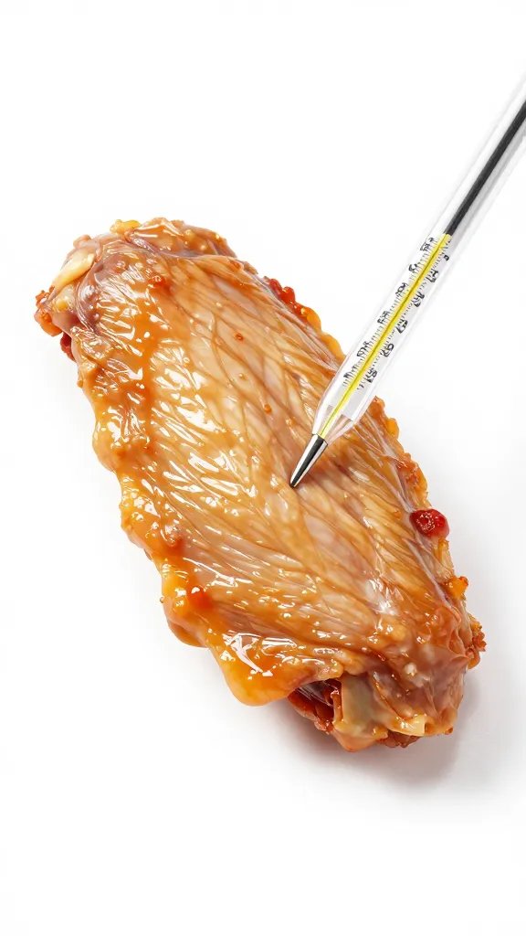 thermometer probe inserted into a single cooked wing