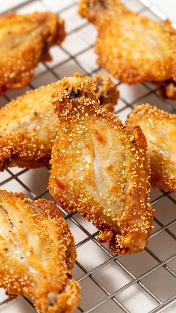 closeup of crispy keto chicken drumette on wire rack
