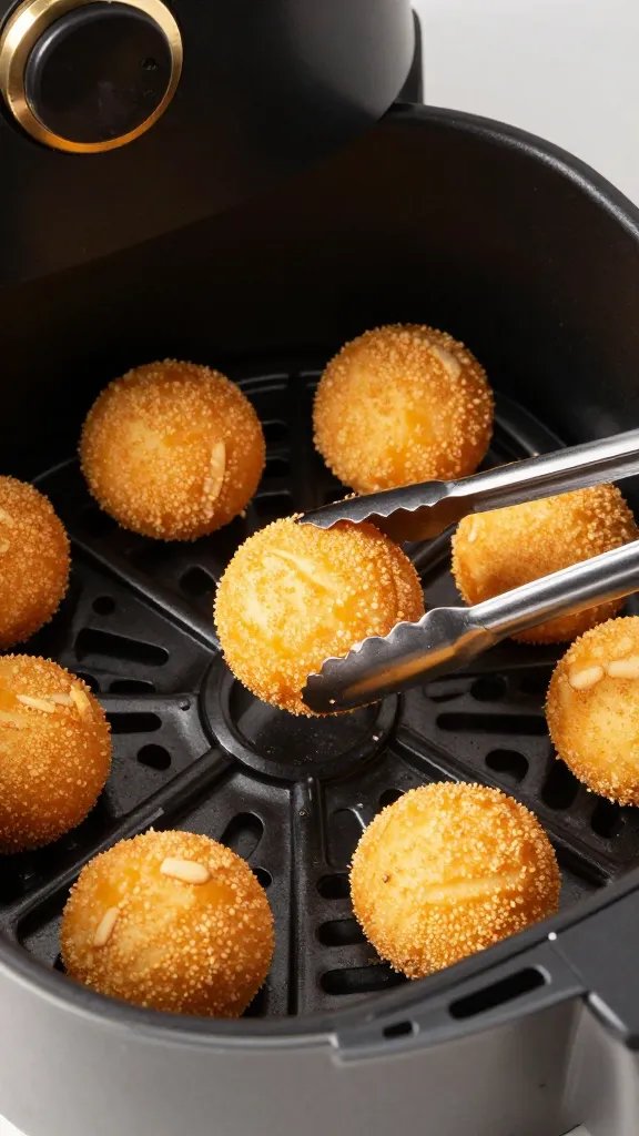 golden drumette held with tongs over air fryer basket