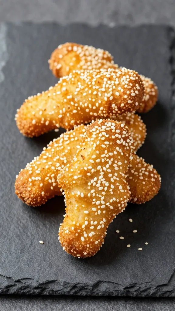 sesame-garnished drumette on slate serving board