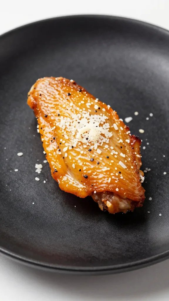 single truffle parmesan chicken wing on matte black plate