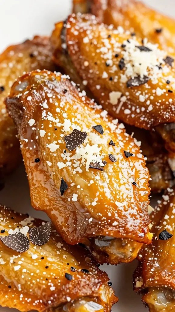 closeup keto wing with grated parmesan and truffle shavings