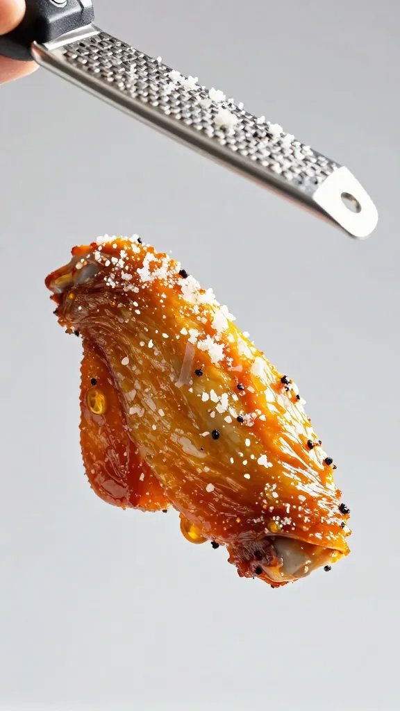 single keto wing under fresh microplane parmesan snowfall