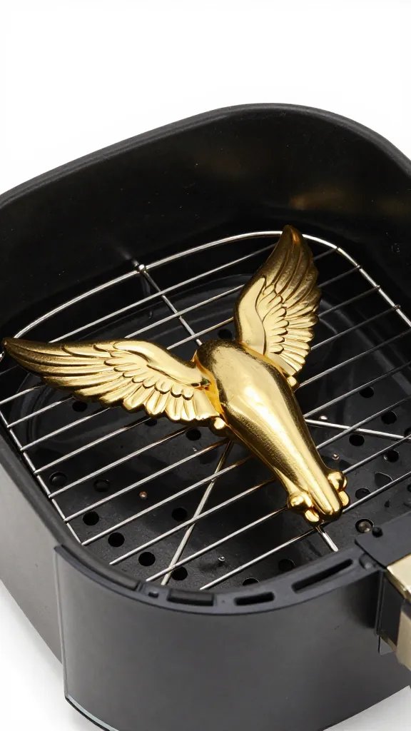 golden wing on wire rack, visible air fryer marks