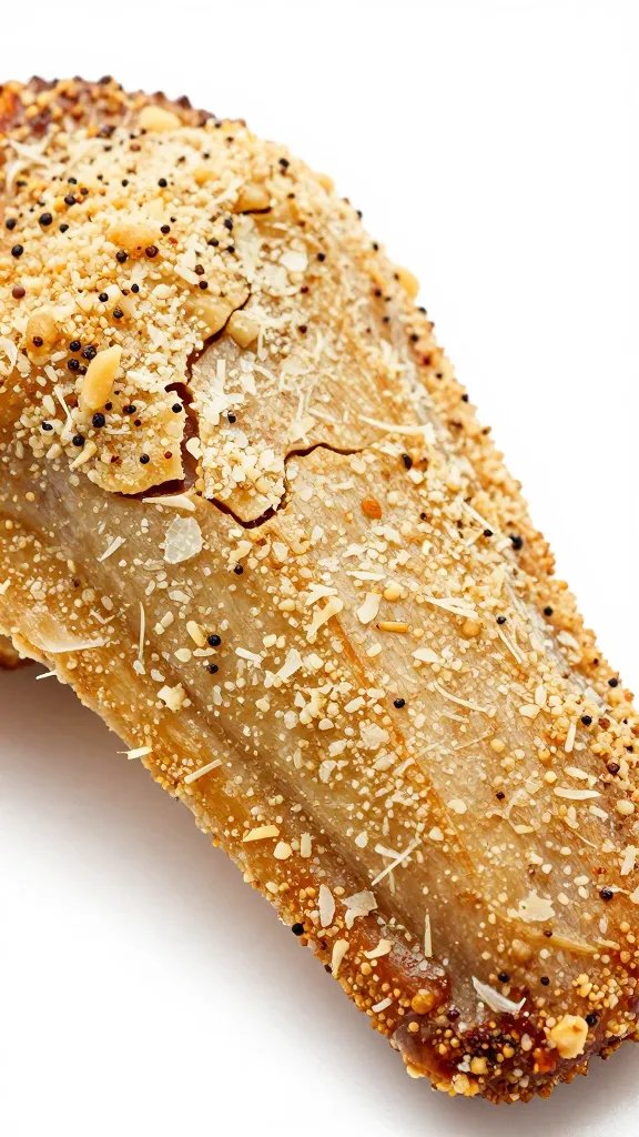 closeup wing with cracked pepper and parmesan crust