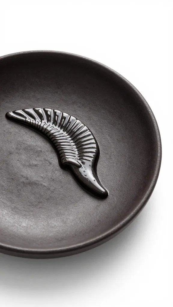 truffle oil–glossed wing on dark ceramic dish