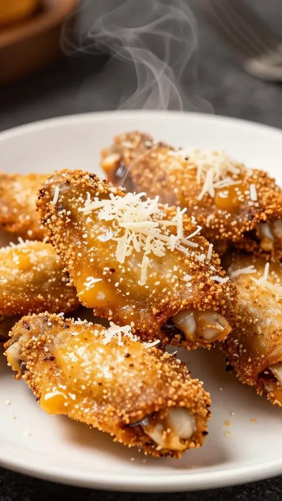 parmesan-crusted wing with steam, shallow depth of field