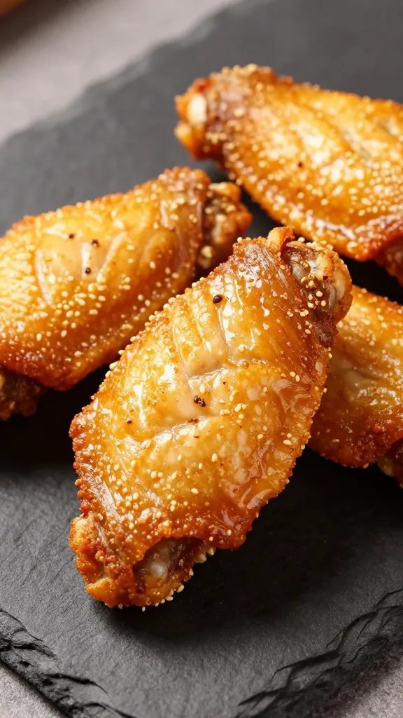 closeup of crispy keto chicken wing on dark slate