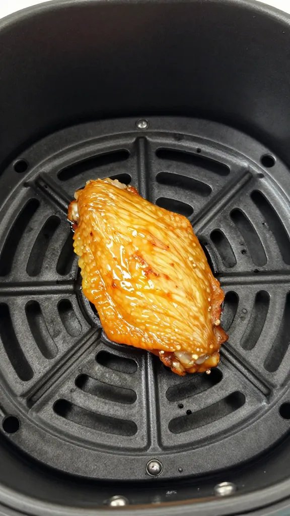 air fryer basket holding single blistered chicken wing