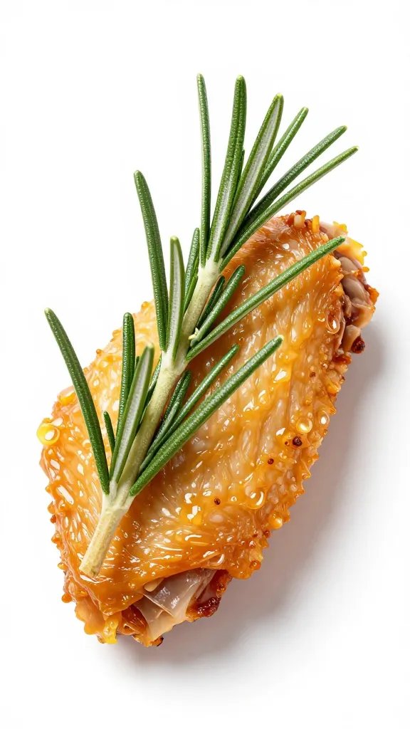 rosemary sprig resting on golden chicken wing