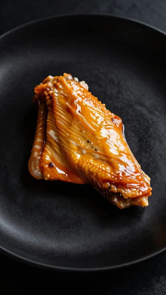 glossy keto wing on matte black plate, side-lit