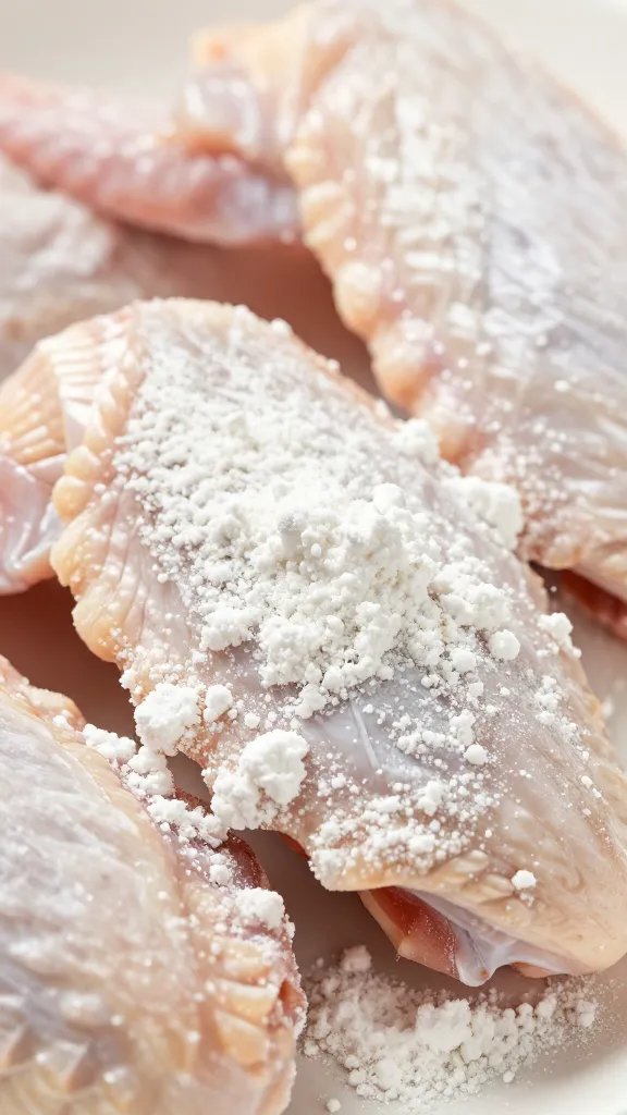 aluminum-free baking powder dusted on raw wing closeup