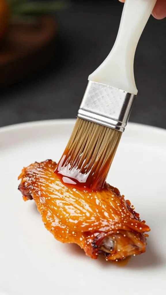 basting brush glazing one cooked chicken wing