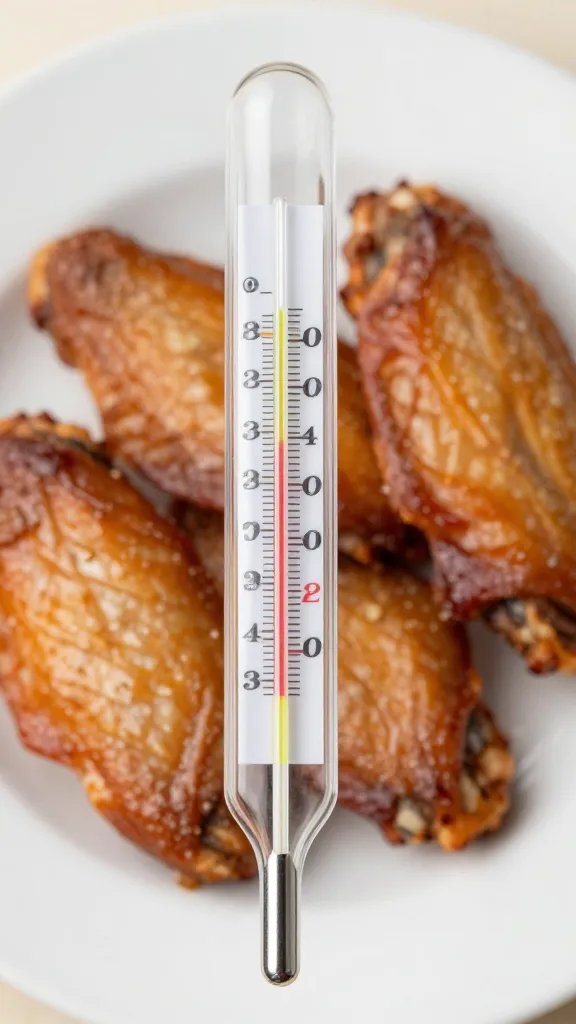 thermometer probe in cooked wing showing doneness
