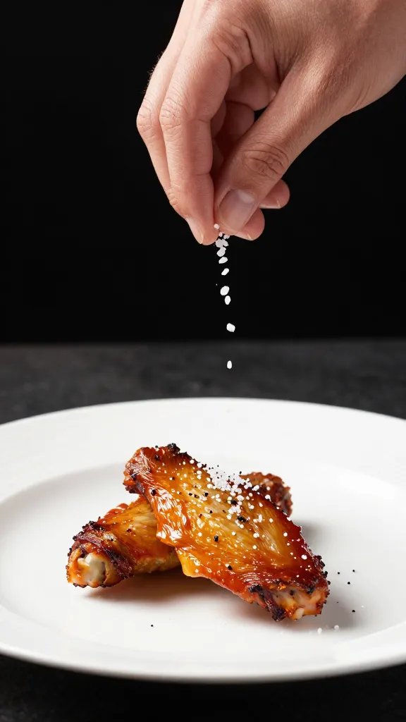 hand sprinkling truffle salt over one plated wing